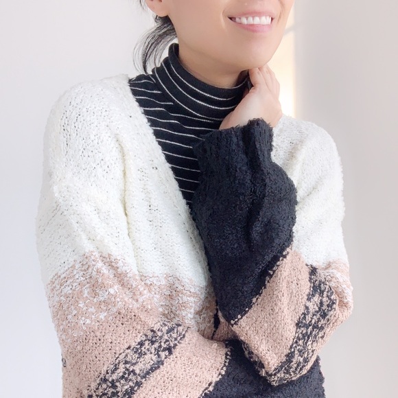 LONG CARDIGAN SWEATER WITH POCKETS - BLACK WHITE TAUPE - Picture 6 of 7